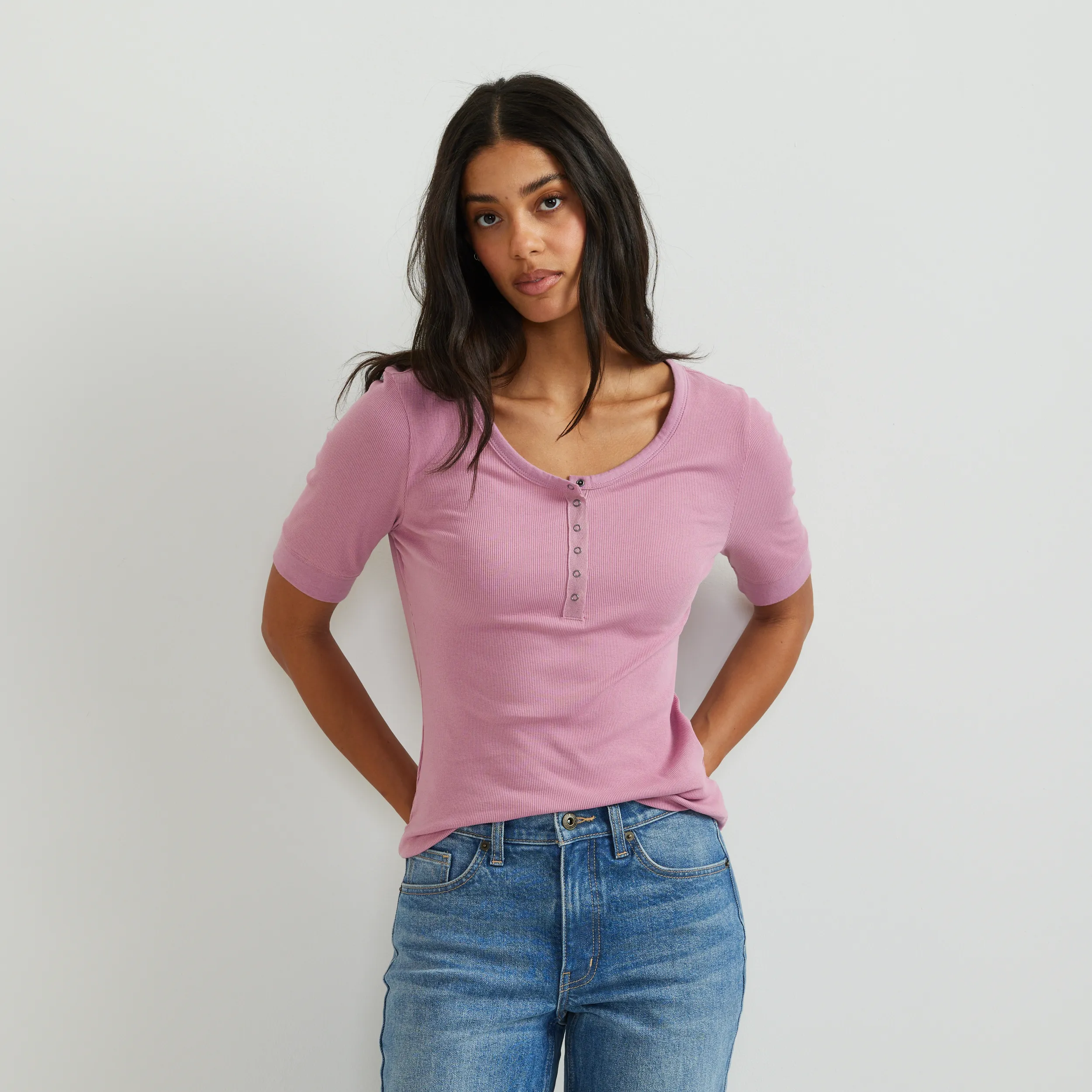 Women's Softline Short-Sleeve Ribbed Henley Joy368 warna vintage rose